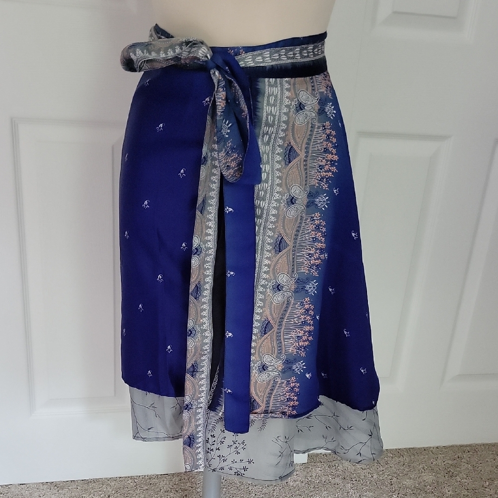 Boho Bohemian Blue and Gray Silk/Satin Wrap Skirt India